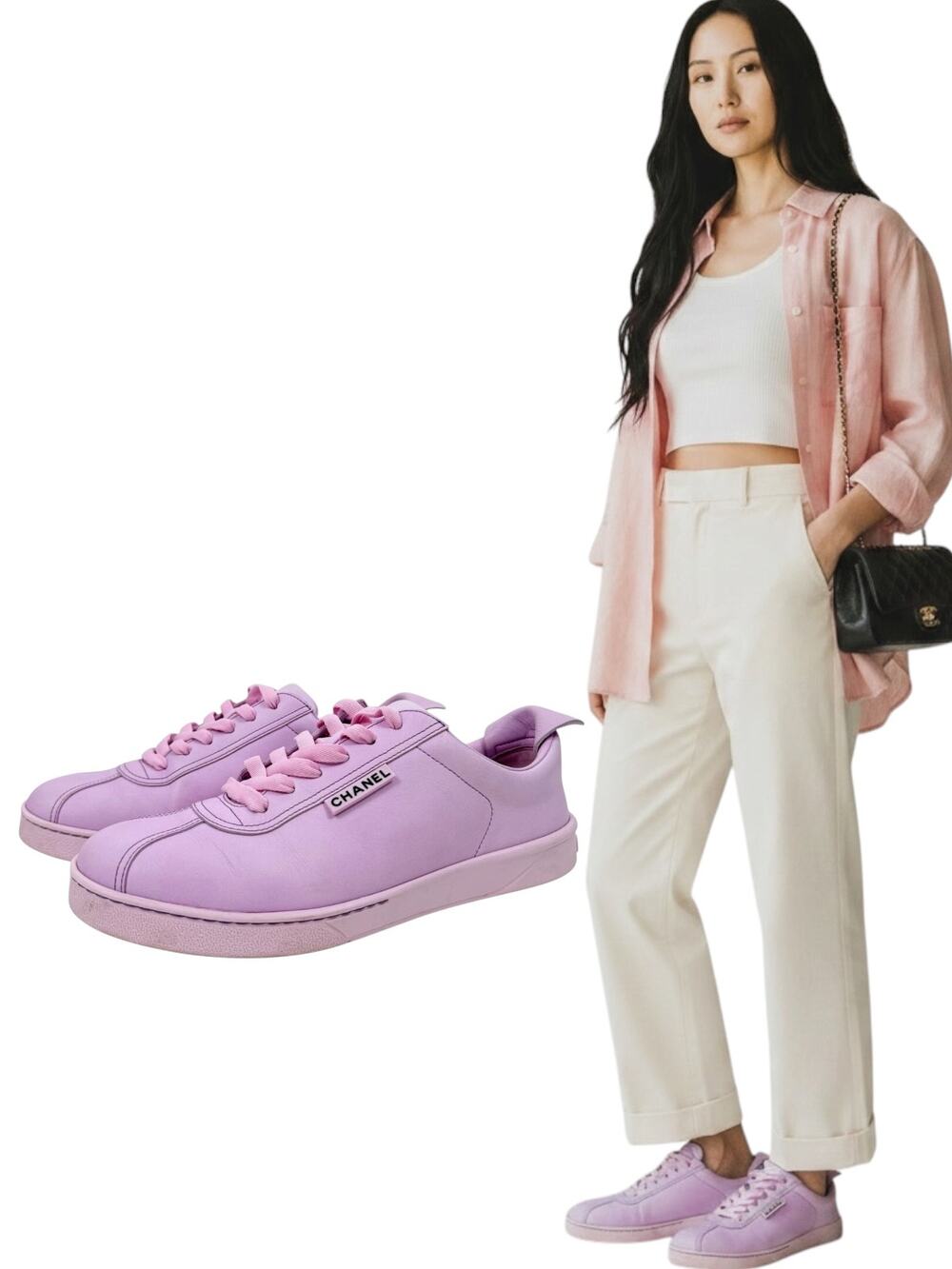 Chanel Weekender Leather CC Logo Low Top Sneakers Pink Size 39
